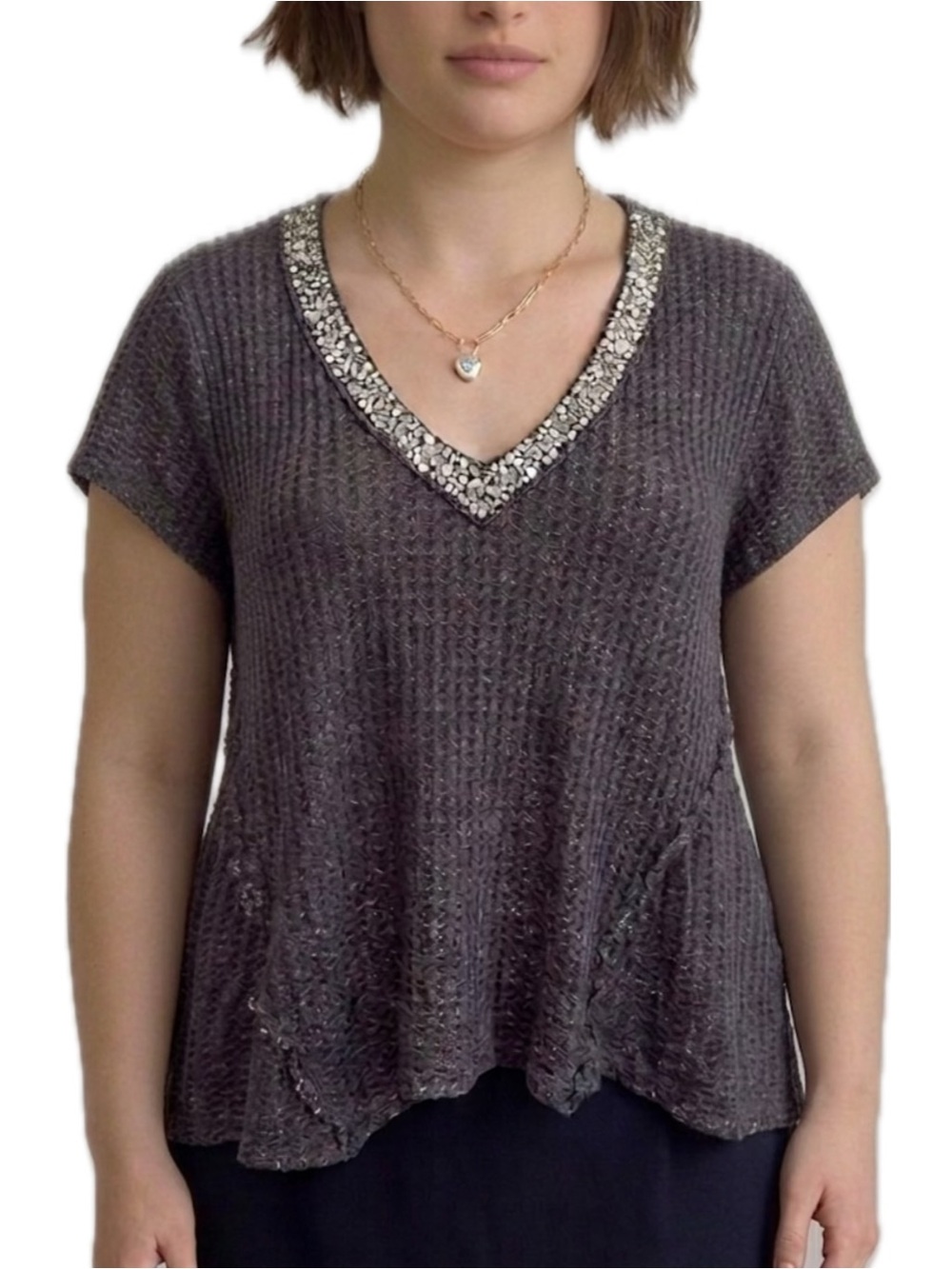Juicy Couture Rhinestone Deep V-Neck Tee Size Large Grey Metallic Waffle Knit